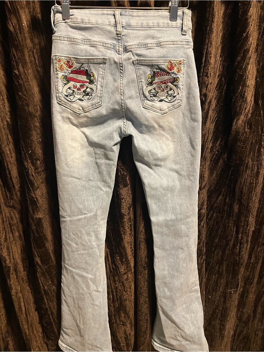 BAMBOO Light Wash Boot Cut Jeans with Embroidered Skull Pockets